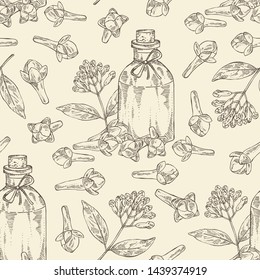 Seamless pattern with clove tree and bottle of clove essential oil. Cosmetic, perfumery and medical plant. Vector hand drawn