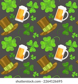 Seamless pattern with clover, beer mug, top hat for St.Patrick’s Day, vector background, eps10