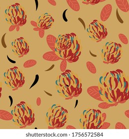 seamless pattern with clover flowers. Floral background with bright wildflowers. Hand drawing. Design for packaging, fabric, wrappers.