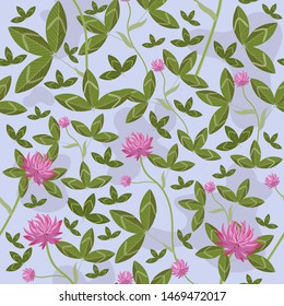 Seamless pattern with clover flowers and leaves. Vector graphics.