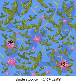 Seamless pattern with clover flowers and leaves and with bumblebees. Vector graphics.