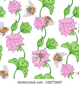 Seamless pattern with clover flowers, leaves and bumblebees, vector background for fabric or wrap paper