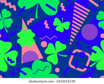 Seamless pattern with clover and geometric shapes in 80s Memphis style. St. Patrick's Day background with green four-leaf and three-leaf clovers for good luck. Vector illustration