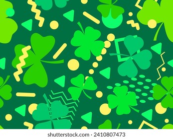 Seamless pattern with clover and geometric shapes in 80s Memphis style. St. Patrick's Day background with green four-leaf and three-leaf clovers for good luck. Vector illustration