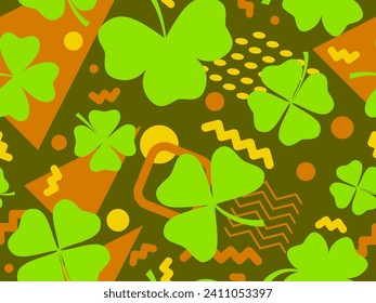 Seamless pattern with clover and geometric shapes in 80s Memphis style. St. Patrick's Day background with green four-leaf and three-leaf clovers for good luck. Vector illustration