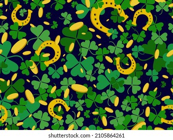 Seamless pattern with clover, gold coins and horseshoes. Festive background for St. Patrick's Day for advertising products, postcards and printing. Vector illustration