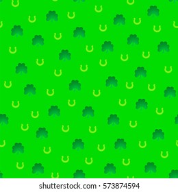 Seamless pattern with clover and golden horseshoe on a light green background for St. Patrick's Day. Irish symbol. St. Patrick's Day background.