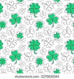 Seamless pattern. Clover green leaves isolated on white background. Symbol of St. Patrick's Day. Vector Illustration in line art style. Design for fabric, wrapping paper, background, wallpaper.