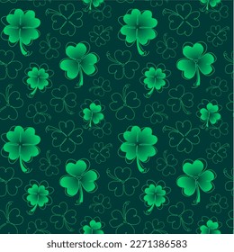 Seamless pattern. Clover green leaves isolated on dark background. Symbol of St. Patrick's Day. Vector Illustration in line art style. Design for fabric, wrapping paper, background, wallpaper.