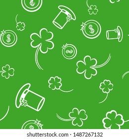 Seamless pattern with clover, hat, cylinder with coin for St. Patrick's Day. Vector illustration with a contour pattern on a green background. Print for fabric. Irish traditions.