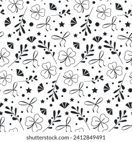 Seamless Pattern with clover, herbal branch and bows. Vector illustration on white background with shamrock. Perfect for wallpaper, gift paper