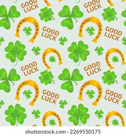 Seamless pattern with clover and horseshoe for St.Patrick’s Day, vector background, eps10