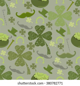 Seamless pattern with clover, horseshoe, hat and shielagh