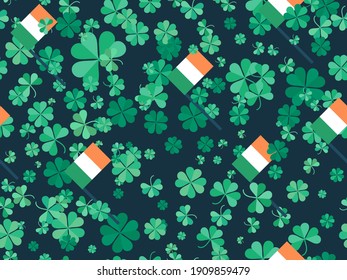 Seamless pattern with clover and Irish flag. Saint Patrick's Day. Background for advertising products, postcards and printing. Vector illustration