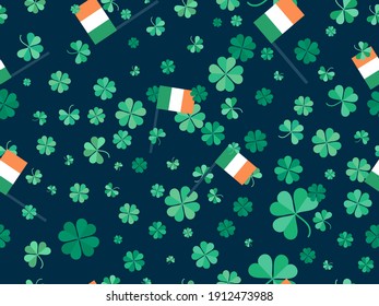 Seamless pattern with clover and Irish flag. Saint Patrick's Day. Background for advertising products, postcards and printing. Vector illustration