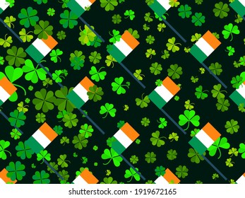 Seamless pattern with clover and Irish flag. Saint Patrick's Day. Background for advertising products, postcards and printing. Vector illustration