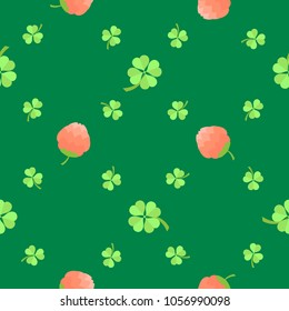 Seamless pattern: Clover leafs and flowers on dark green background