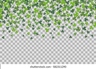 Seamless pattern with clover leafs for St Patricks Day celebration on transparent background. Vector Illustration.  Patrick's Day  background.