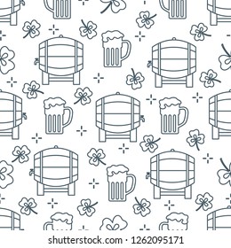 Seamless pattern with clover leaves, beer barrel, beer mug. St. Patrick's Day. Holiday background. Irish vector pattern. Design for banner, poster, textile, print.
