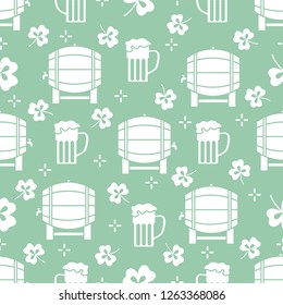 Seamless pattern with clover leaves, beer barrel, beer mug. St. Patrick's Day. Holiday background. Irish vector pattern. Design for banner, poster, textile, print.