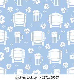 Seamless pattern with clover leaves, beer barrel, beer mug. St. Patrick's Day. Holiday background. Irish vector pattern. Design for banner, poster, textile, print.
