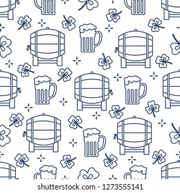 Seamless pattern with clover leaves, beer barrel, beer mug. St. Patrick's Day. Holiday background. Irish vector pattern. Design for banner, poster, textile, print.