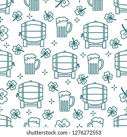 Seamless pattern with clover leaves, beer barrel, beer mug. St. Patrick's Day. Holiday background. Irish vector pattern. Design for banner, poster, textile, print.