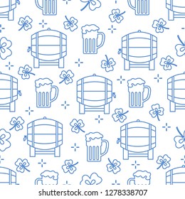 Seamless pattern with clover leaves, beer barrel, beer mug. St. Patrick's Day. Holiday background. Irish vector pattern. Design for banner, poster, textile, print.