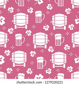Seamless pattern with clover leaves, beer barrel, beer mug. St. Patrick's Day. Holiday background. Irish vector pattern. Design for banner, poster, textile, print.