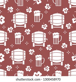 Seamless pattern with clover leaves, beer barrel, beer mug. St. Patrick's Day. Holiday background. Irish vector pattern. Design for banner, poster, textile, print.