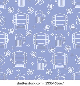 Seamless pattern with clover leaves, beer barrel, beer mug. St. Patrick's Day. Holiday background. Irish vector pattern. Design for banner, poster, textile, print.