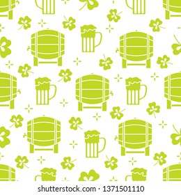 Seamless pattern with clover leaves, beer barrel, beer mug. St. Patrick's Day. Holiday background. Irish vector pattern. Design for banner, poster, textile, print.