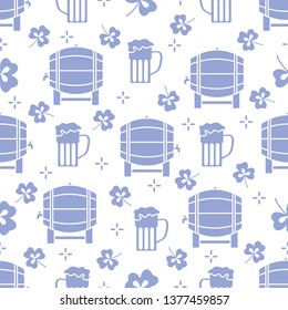 Seamless pattern with clover leaves, beer barrel, beer mug. St. Patrick's Day. Holiday background. Irish vector pattern. Design for banner, poster, textile, print.
