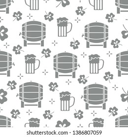 Seamless pattern with clover leaves, beer barrel, beer mug. St. Patrick's Day. Holiday background. Irish vector pattern. Design for banner, poster, textile, print.