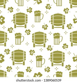 Seamless pattern with clover leaves, beer barrel, beer mug. St. Patrick's Day. Holiday background. Irish vector pattern. Design for banner, poster, textile, print.