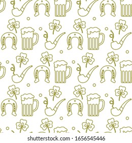 Seamless pattern with clover leaves, beer mug, horseshoe, smoking pipe. St. Patrick's Day. Holiday background. Irish vector pattern. Design for banner, poster, textile, print.