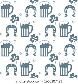Seamless pattern with clover leaves, beer mug, horseshoe. St. Patrick's Day. Holiday background. Irish vector pattern. Design for banner, poster, textile, print.