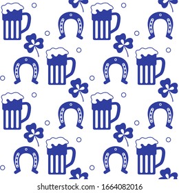 Seamless pattern with clover leaves, beer mug, horseshoe. St. Patrick's Day. Holiday background. Irish vector pattern. Design for banner, poster, textile, print.