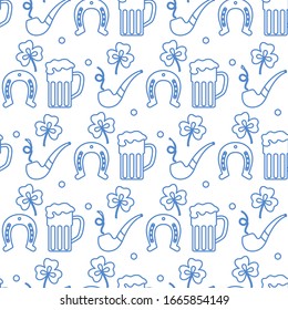 Seamless pattern with clover leaves, beer mug, horseshoe, smoking pipe. St. Patrick's Day. Holiday background. Irish vector pattern. Design for banner, poster, textile, print.