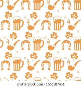 Seamless pattern with clover leaves, beer mug, horseshoe, smoking pipe. St. Patrick's Day. Holiday background. Irish vector pattern. Design for banner, poster, textile, print.