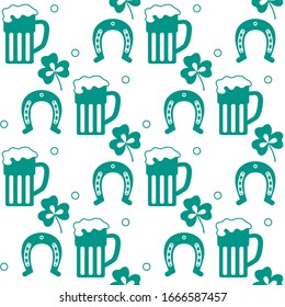 Seamless pattern with clover leaves, beer mug, horseshoe. St. Patrick's Day. Holiday background. Irish vector pattern. Design for banner, poster, textile, print.