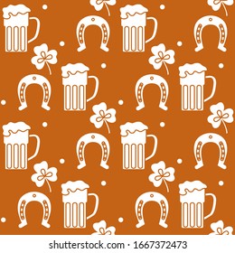 Seamless pattern with clover leaves, beer mug, horseshoe. St. Patrick's Day. Holiday background. Irish vector pattern. Design for banner, poster, textile, print.