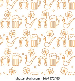 Seamless pattern with clover leaves, beer mug, horseshoe, smoking pipe. St. Patrick's Day. Holiday background. Irish vector pattern. Design for banner, poster, textile, print.