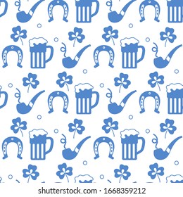 Seamless pattern with clover leaves, beer mug, horseshoe, smoking pipe. St. Patrick's Day. Holiday background. Irish vector pattern. Design for banner, poster, textile, print.