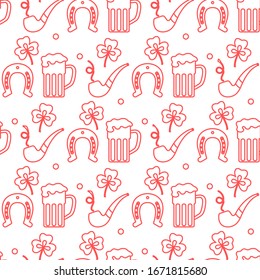 Seamless pattern with clover leaves, beer mug, horseshoe, smoking pipe. St. Patrick's Day. Holiday background. Irish vector pattern. Design for banner, poster, textile, print.