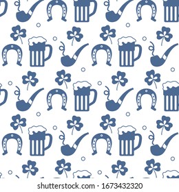 Seamless pattern with clover leaves, beer mug, horseshoe, smoking pipe. St. Patrick's Day. Holiday background. Irish vector pattern. Design for banner, poster, textile, print.