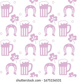 Seamless pattern with clover leaves, beer mug, horseshoe. St. Patrick's Day. Holiday background. Irish vector pattern. Design for banner, poster, textile, print.