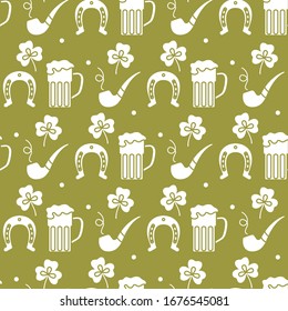 Seamless pattern with clover leaves, beer mug, horseshoe, smoking pipe. St. Patrick's Day. Holiday background. Irish vector pattern. Design for banner, poster, textile, print.