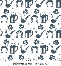 Seamless pattern with clover leaves, beer mug, horseshoe, smoking pipe. St. Patrick's Day. Holiday background. Irish vector pattern. Design for banner, poster, textile, print.