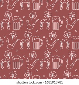 Seamless pattern with clover leaves, beer mug, horseshoe, smoking pipe. St. Patrick's Day. Holiday background. Irish vector pattern. Design for banner, poster, textile, print.